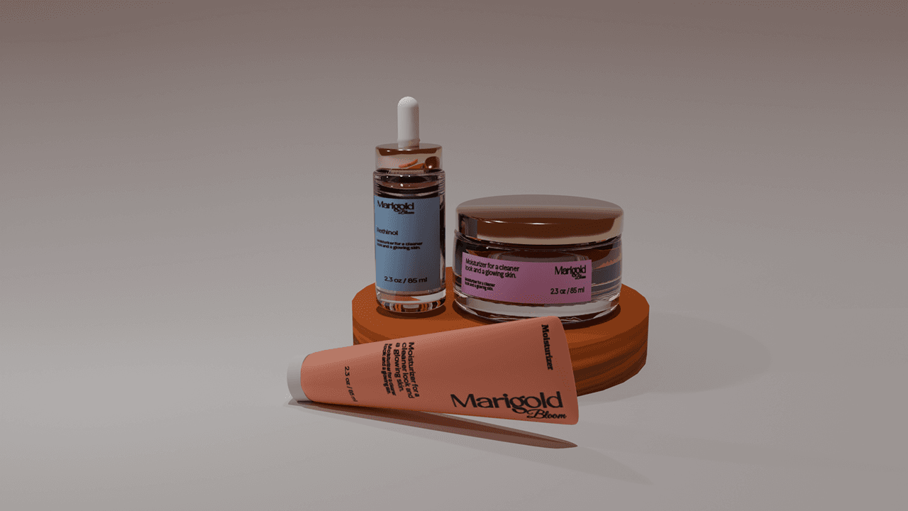 Marigold Bloom sustainable formulations in recycled amber glass on wooden pedestal